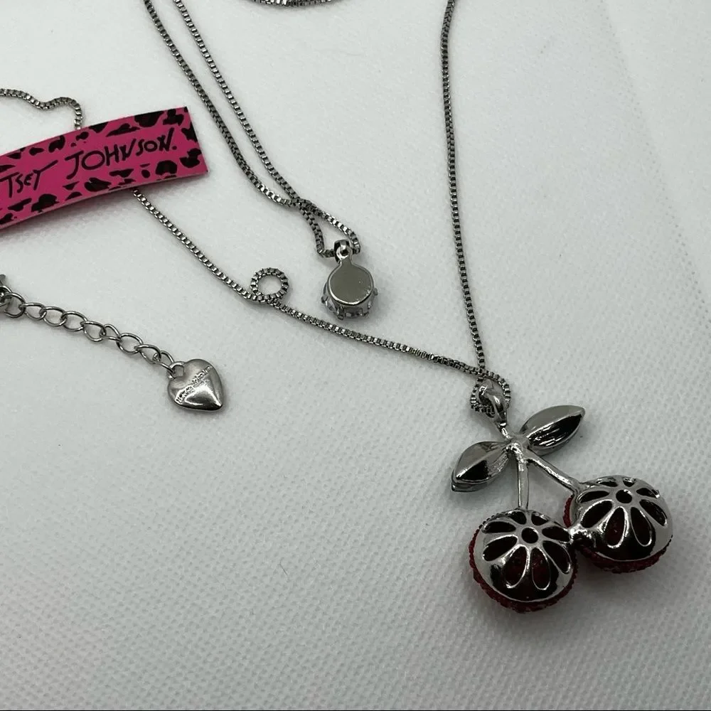 NECKLACE! Betsey Johnson Double Pendant Cherry Gemstone Necklace BNWT - Picture 5 of 5